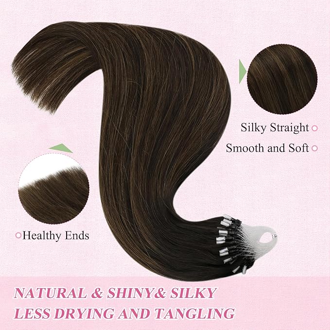 YoungSee Micro Loop Hair Extensions Real Human Hair Brown Micro Link Hair Extensions Dark Brown with Medium Browns Balayage Micro Ring Human Hair Extension Ombre for Parties 24 Inch 50g 50s