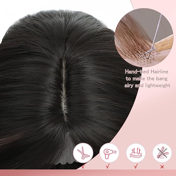 CROWN GUIDE 12 Inch Hair Toppers for Women with Thinning Hair - Synthetic Clip in Topper with Bangs Breathable Hairpiece 6.5x6.5 Base, Instantly Adds Volume & Wiglets Full Coverage (Black Brown)