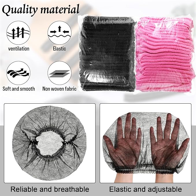 Geyoga 200 Pcs Disposable Nonwoven Bouffant Caps 21 Inch Hair Net Elastic Cap Hair Cover Hats for Beauty Salon Hospital Spa Catering Dust-free Workspace (Pink,Black)