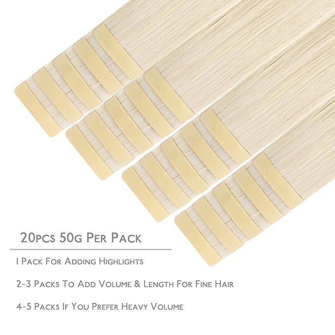 WENNALIFE Tape in Hair Extensions Human Hair, 20pcs 50g 22 inch Platinum Blonde Remy Hair Extensions Straight Human Hair Tape in Extensions Skin Weft Tape Extensions Human Hair