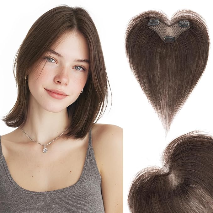 Hairro Human Hair Toppers For Women Wispy Thin Short Wiglet Hairpieces Natural No Bang Middle Part Side Bangs Hair Clip 11 Inches 14.5g #02 Dark Brown