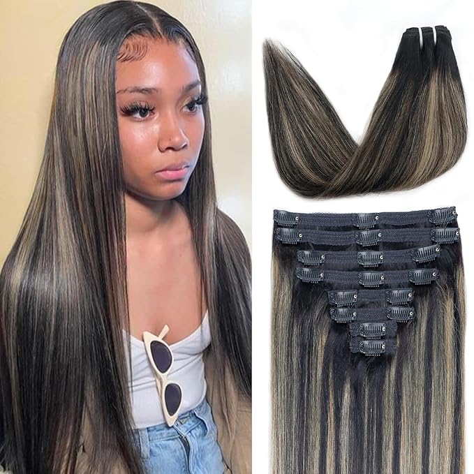 FB27 Highlight Ombre Clip In Hair Extensions Real Human Hair Straight Clip In Black to Blonde Human Hair Extensions Balayage Clip ins Remy Hair for Women 8Pcs with 18Clips Lace Weft 120g 14inch