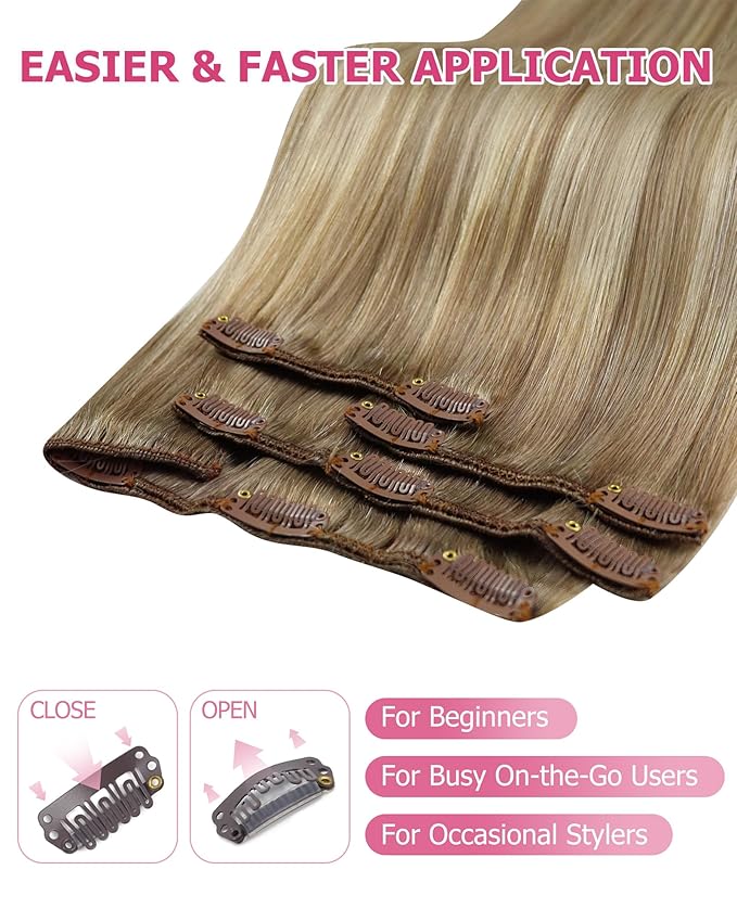 YoungSee Balayage Clip in Human Hair Extensions Light Brown Real Hair Extensions Clip in Human Hair Ombre Light Brown Mix Blonde Balayage Easy to Wear Clip ins Extensions for Women 120G 16In 7Pcs