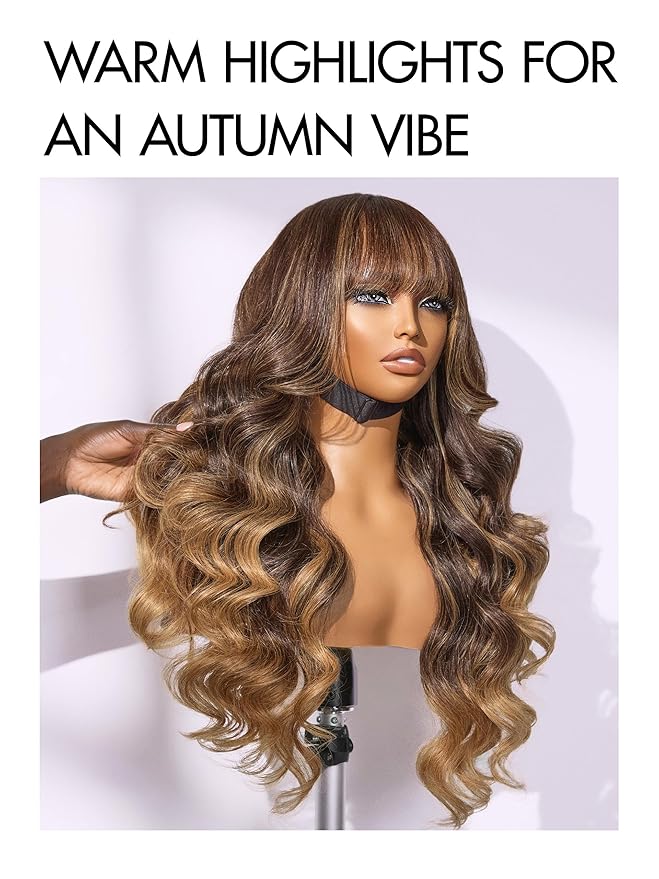 LUVME HAIR 7x6 HD Lace All-Day Comfort Wig with Bangs 200% Density Hair Lace Wigs Ombre Blonde Highlight Loose Body Wave Lace Front Wigs Human Hair Pre Cut Plucked Glueless 20 Inches