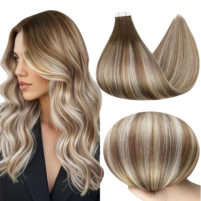 Full Shine Tape in Hair Extensions 40PCS Color 3 Dark Brown to 8 Ash Brown and 22 Blonde 20INCH 100G Tape ins Tape in Human Hair Extensions Seamless Skin Weft Invisible Soft Remy