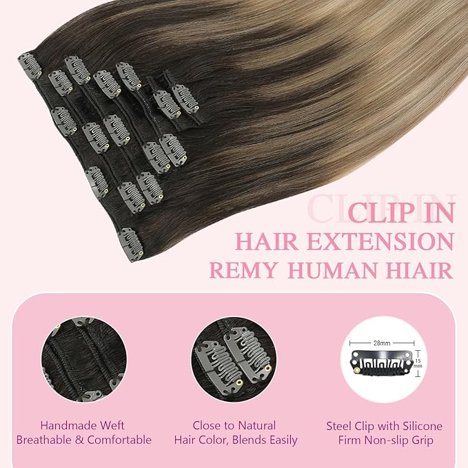 PINKPEARL Clip in Hair Extensions Real Human Hair #2/6/18 Balayage Dark Brown to Chestnut Brown and Ash Blonde 7pcs 120g 16inch Ombre Remy Human Hair Extensios Clip ins(#2/6/18-16)
