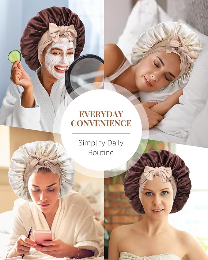 AWAYTR Silk Bonnet for Sleeping Women 100% Mulberry Silk Bonnet with Band 2 Layer Reversible Hair Bonnet Sleeping Hair Wrap (Dark Brown/Light Champagne)