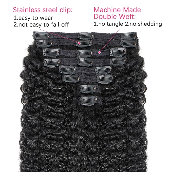 28 Inch Long Burmese Curly Clip in Hair Extensions Real Human Hair #1B Natural Black Color Burmese Curly Clip ins For Women Brazilian Virgin Clip on Hair Extensions