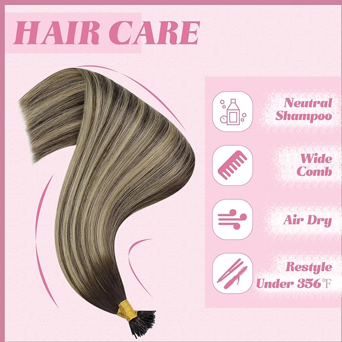 YoungSee I Tips Hair Extensions Balayage Human Hair I Tip Extensions Dark Brown with Ash Blonde Ombre Itip Hair Extensions 24 Inch I-Tip Extension Real Human Hair for Long Hair 50s 50g