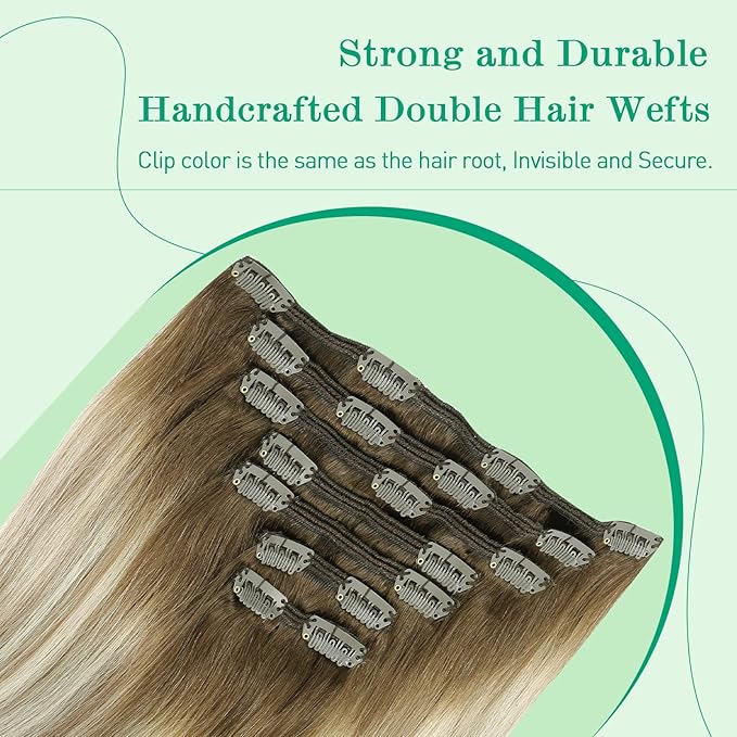 SURNEL Human Hair Clip in Extensions 18 Inch Balayage Walnut Brown to Ash Brown and Golden Blonde 7pcs 160g (7C#3/8/22-18'')
