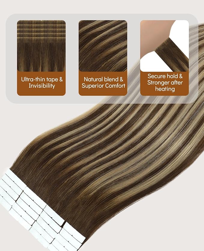 VINBAO 60g Invisi Edge Tape in Hair Extensions Human Hair, Balayage Chocolate Brown to Caramel Blonde 20pcs Injection Tape in Hair Extensions Natural Blend 22inch #4/27/4