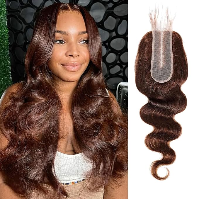 2x6 HD Lace Closure Human Hair Body Wave 4# Chocolate Brown Color Transparent Lace Closure 2x6 Long Deep Middle Part 100% Raw Virgin Human Hair 16 Inch 150% Density