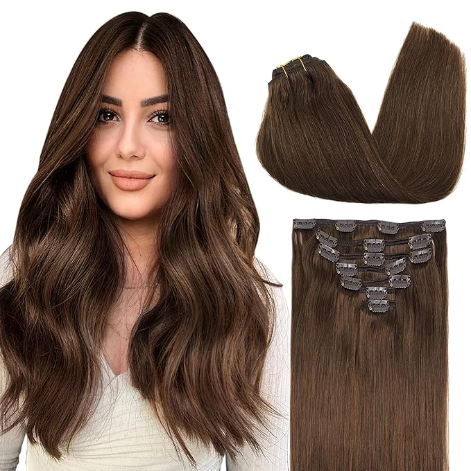 GOO GOO Clip in Hair Extensions Real Human Hair, Remy Human Hair Extensions Clip ins for Women, Natural Human Hair, 16inch 160g 7Pcs, #4A Chocolate Brown