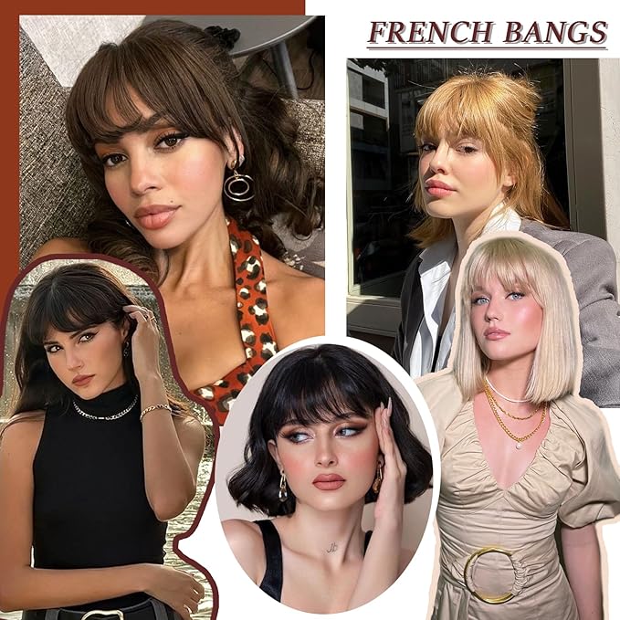 Clip in Bangs Real Human Hair Natural Black French Bangs Fringe with Temples Thick Curtain Bangs Clip on Bangs Curved Fake Bangs Hairpieces for Women for Daily Wear