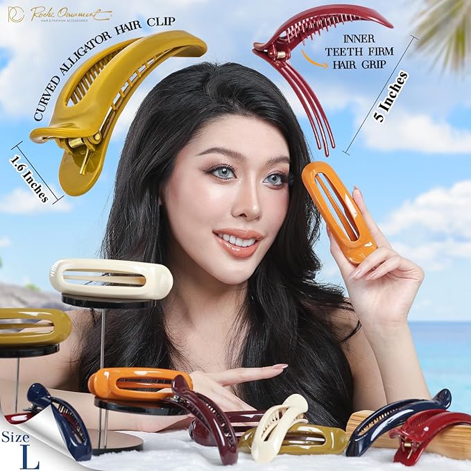 RC ROCHE 6 Pcs Flat Claw Hair Clips for Women Alligator French Barrette Long Thick Hair Duckbill Curved No Slip Grip Lay Flat Side Slide Firm Classic Styling, Large Classic Multicolor