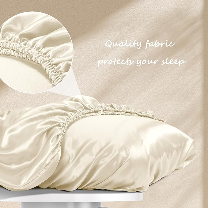 Manyshofu Satin Pillowcases for Hair Protection - 2Pcs Beige Pillow Cases, Elastic Band Standard & Queen Satin Pillowcases Luxury Silky Pillow Cases Travel Pillow Covers