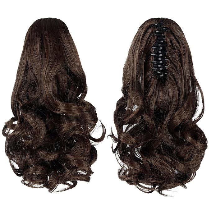 Ponytail Extension, Clip on Ponytails for Women, 12" Claw Clip in Short Curly Wavy Pony Hair Extension for Women - Light Brown