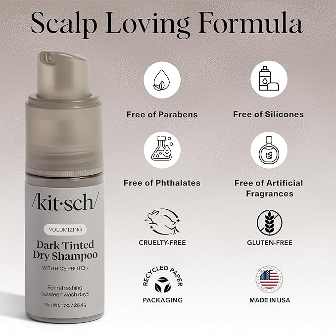 Kitsch Volumizing Rice Protein Dry Shampoo Powder - Dry Shampoo for Women & Men, Dark Hair, No White Cast, Absorbs Oil, Non-Greasy, Fragrance Free, Travel Size | Ideal Gifts for Women- Dark Tinted 1oz