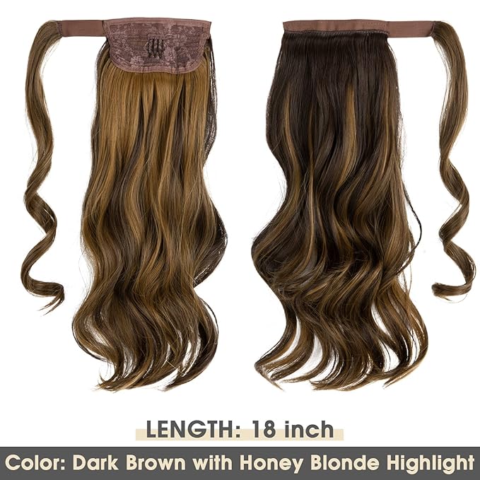 CJL HAIR 18" Long Ponytail Hair Extension Wrap Around Pony Tail Clip in Curly Wavy Synthetic Fake Hairpiece for Women Dark Brown/Golden Blonde