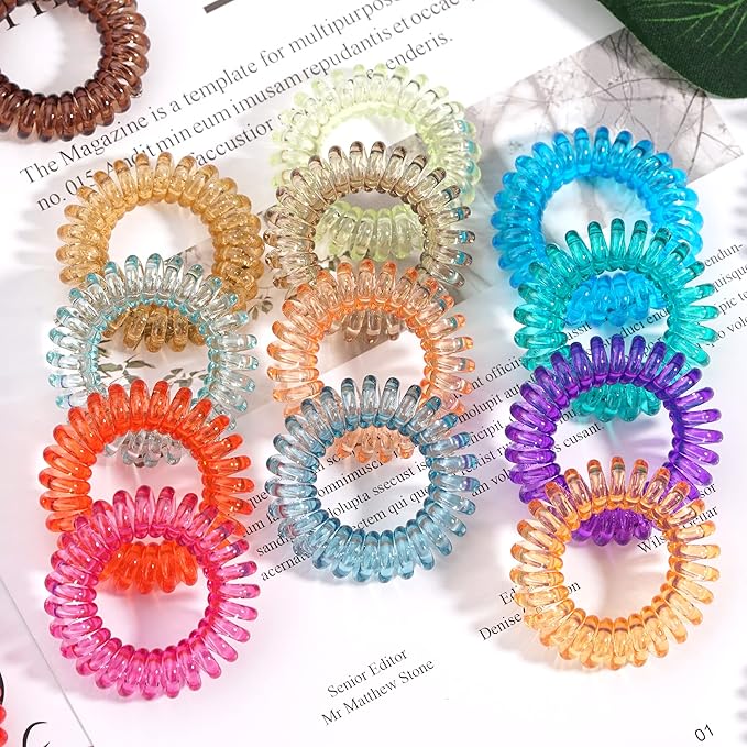 DED Transparent Spiral No Crease Coil Ponytail Holders, 24 Pcs Waterproof Elastic Hair Accessories for Women and Girls, All Hair Types