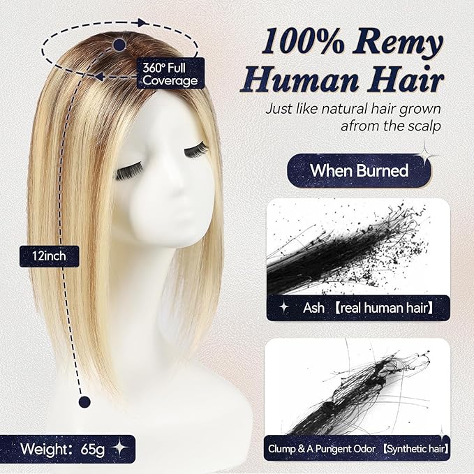 starluck Hair Toppers for Women Real Human Hair,6"*5.5"MONO Large Base, Real HumanHair Toppers for Women with Thinning,65g Hand-moven Topper,Gray Roots,High Volume,Ombre Blonde with Brown Highlight
