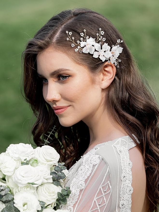 SWEETV 3Pcs Bridal Hair Pins White Flower Bride Hair Pieces Wedding Hair Side Combs Floral Headpieces Accessories Fall Beach Clip for Brides Bridesmaids Women Girls