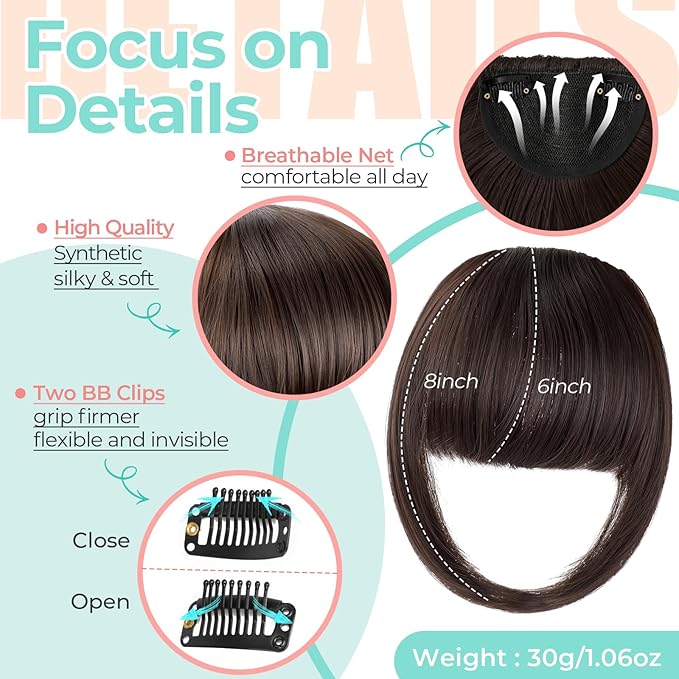 Clip in Bangs, Synthetic French Bangs Hair Clip, Fake Bangs Fringe with Temples Hairpieces for Women Natural Curved Hair Extensions for Daily Wear Medium Brown