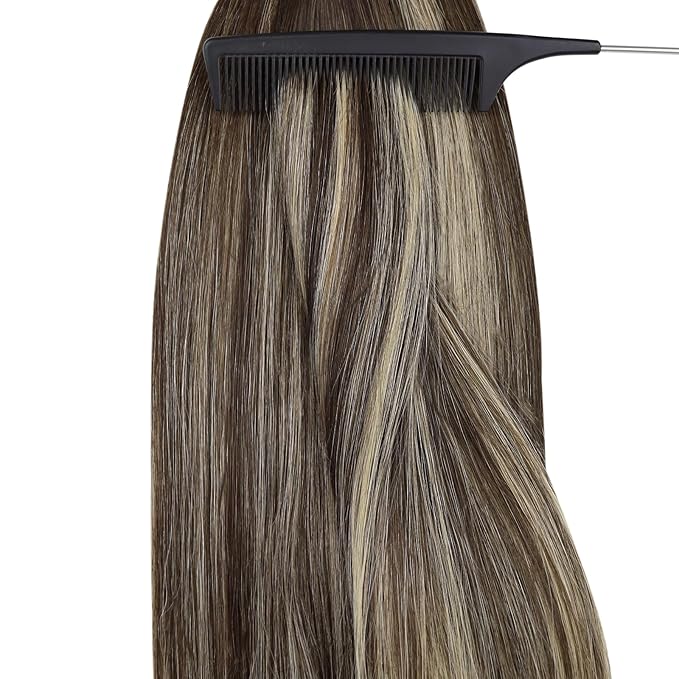 YoungSee 24 inch Nano Beads Hair Extensions Balayage Dark Brown with Ash Blonde Invisible Nano Hair Extensions Human Hair Long Straight Nano Rings Human Hair Extension Balayage Cold Fusion 1g/s 50g