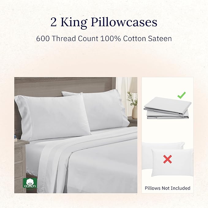 California Design Den Premium King Pillow Covers Set of 2-600 Thread Count Sateen, Natural 100% Cotton Pillow Cases King, Crisp, Durable Bedding - Light Silver
