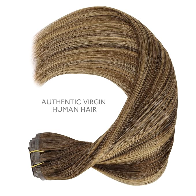 WENNALIFE Seamless Clip In Hair Extensions, 14 Inch 130g 7pcs Balayage Chocolate Brown to Caramel Blonde Hair Extensions Clip in Human Hair Invisible PU Skin Weft Natural Remy Human Hair Extensions
