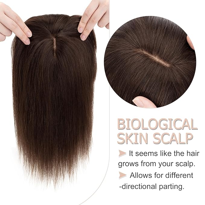 Hair Toppers for Women Real Human Hair With Bangs, 13 * 15 cm Larger Silk Base 150% Density Clip In Topper Hairpieces, Wiglet Top Pieces Add Volume -14 Inch 02 Dark Brown