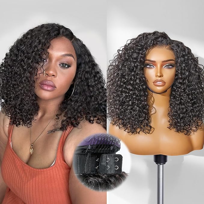LUVME HAIR 100% Human Hair Wigs Curly Deep Wave Glueless Lace Front 16 Inches, Pre Cut Plucked Hd Lace Short Wig Ready To Go Natural Color Straight Bleached Knots Side Part Black Wigs