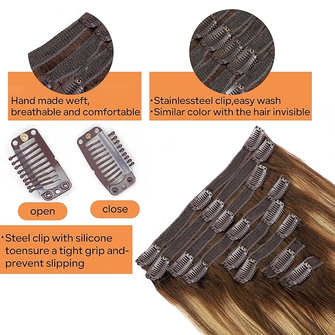Straight Clip In Hair Extensions Real Human Hair 8Pcs Clip In Balayage Chocolate Brown to Caramel Blonde Human Hair Extensions with 18Clips Lace Weft 120g 18inch #4/27/4
