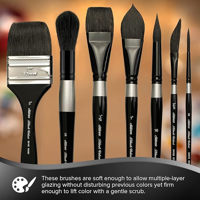 Silver Brush Limited WC-3202S Black Velvet Professional Watercolor Set, Set of 4, Size 8 Round, Size 8 Script Liner, Sizes 3/4 and 1 Inch Flat Wash Paintbrushes, Short Handle