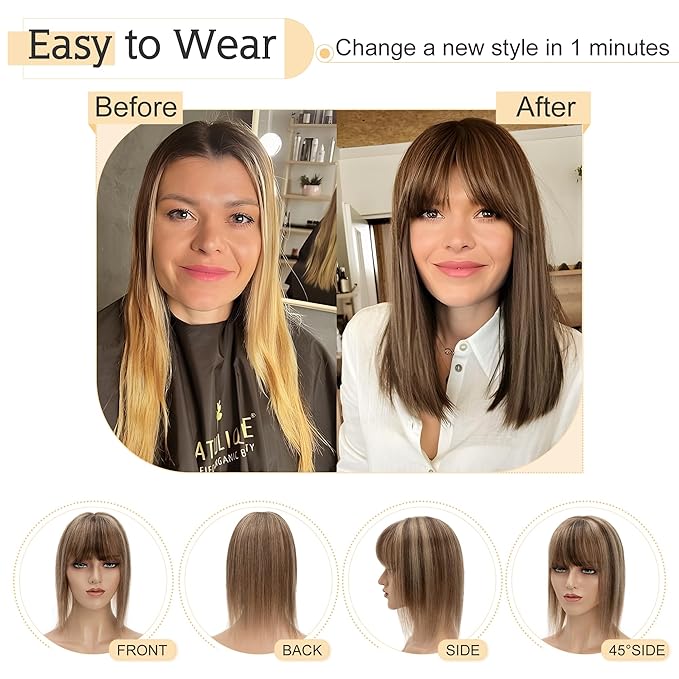 SEGO Hair Toppers for Women Real Human Hair With Bangs, 7 * 13CM Silk Base 100% Remy Human Hair Clip in Top Wiglet Hairpieces Add Volume /16 Inch Medium Brown&Dark Blonde