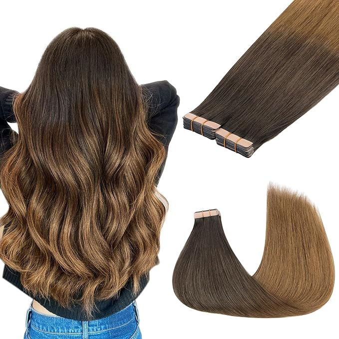 GOO GOO Tape in Hair Extensions Human Hair, 1D/2C/4E Chocolate Dip Color Melt, 24inch 100g 40pcs, Skin Weft Seamless Invisible, Silky Straight with Thick Ends, Remy Human Hair