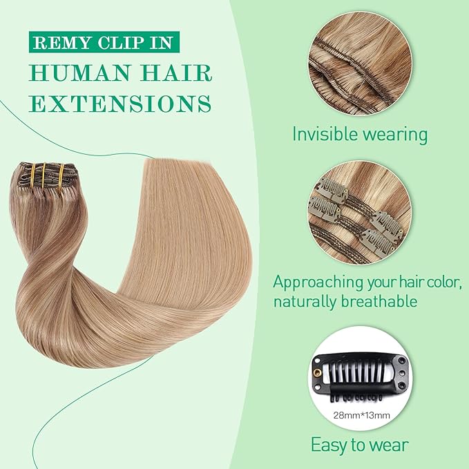 SURNEL Clip in Hair Extensions Real Human Hair Balayage Golden Brown to Caramel Blond Remy Hair Extensions Clip Ins 14 Inch 140g(7pcs #10/27/27-14")