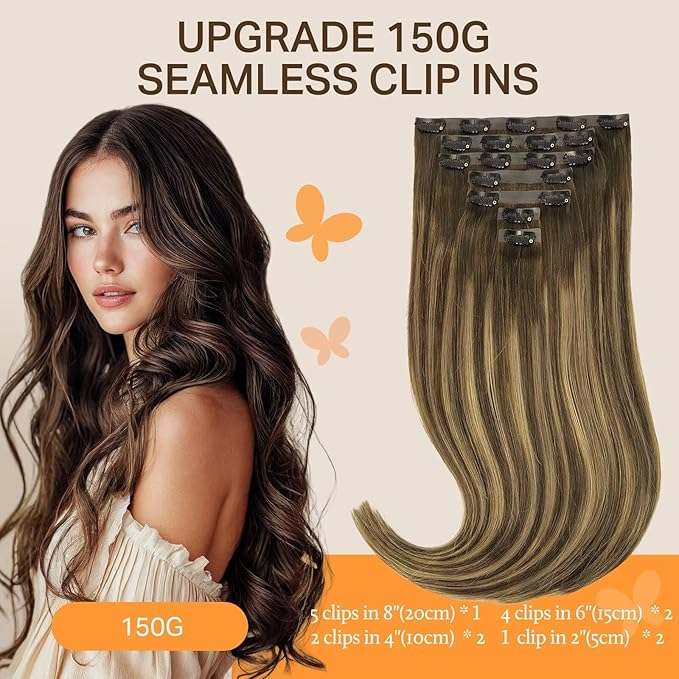 DOORES Clip in Hair Extensions, Chocolate Brown to Caramel Blonde 130g9pcs 14 Inch Virgin Remy Straight Human Hair Extensions for Women