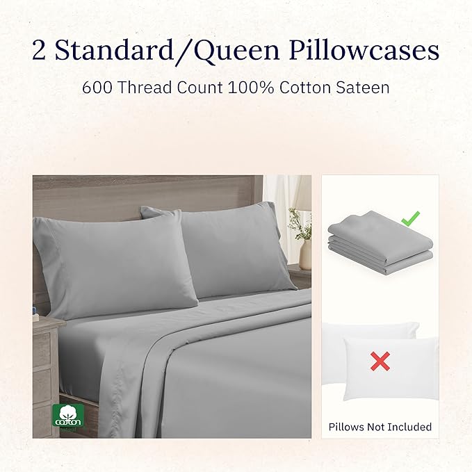 CALIFORNIA DESIGN DEN Luxuriously Soft Hotel Quality 600 Thread Count, 100% Cotton Set of 2 Cases, Crisp & Cool Light Gray Pillow Cases Standard Fits Standard & Queen Pillows (Light Gray)