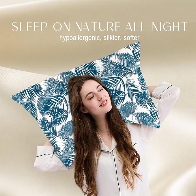 ZIMASILK 100% Pure Mulberry Silk Pillowcase for Hair and Skin Health,Both Sides 19 Momme Silk Floral Print,1pc (Standard 20''x26'',Blue Leaves)