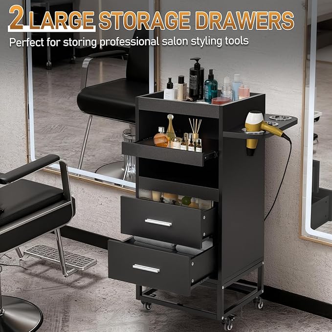 Winado Beauty Salon Trolley Cart, Rolling Hair Cart with Lockable Wheels, 2 Drawers, 3 Tool Holders, Mobile Makeup Organizer Station Cabinet for Hair Stylist Beauty Spa Barbershop, Black