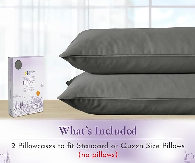 California Design Den Queen/Standard Pillow Cases Set of 2-1000 Thread Count Sateen, Soft and Thick 100% Cotton Pillow Covers Queen Size, Durable - Grey