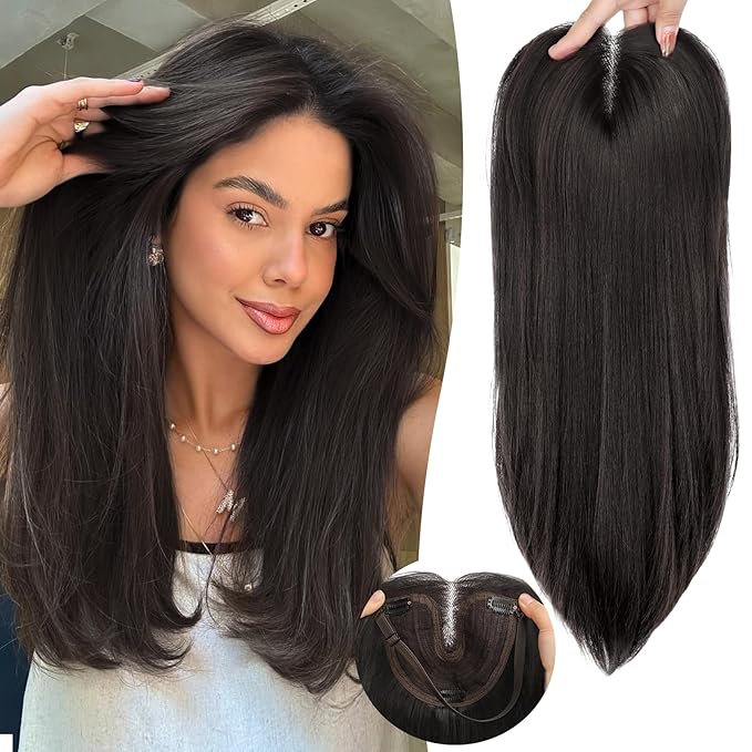 Soft Black Synthetic Hair Toppers for Women with Thinning 3D 360° Cover Clip in Wispy Bangs Upgraded Adjustable Bandage 18 Inch Long Layered