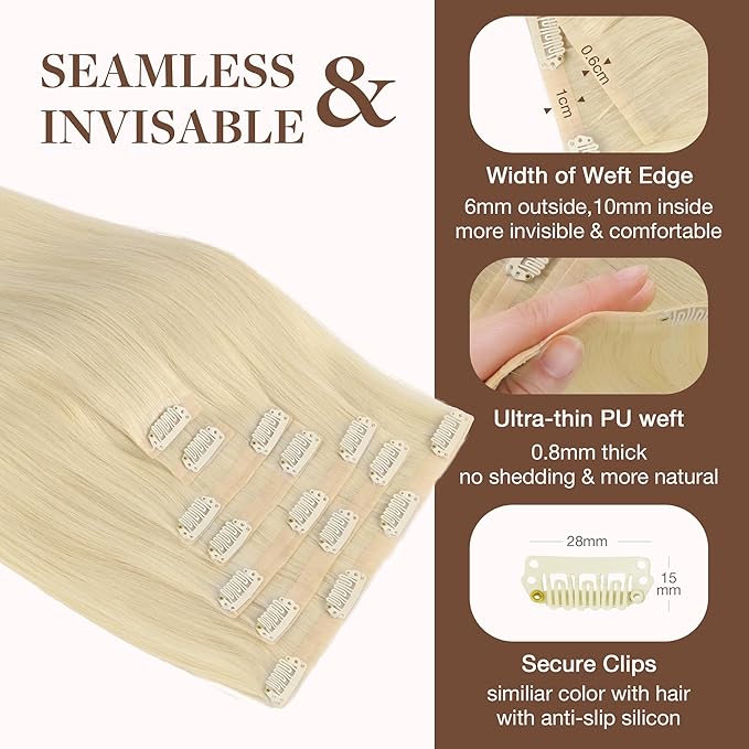 GOO GOO Clip in Hair Extensions Real Human Hair, Remy Human Hair Extensions Clip ins for Women, Natural Human Hair, 20inch 130g 7Pcs, #60A Platinum Blonde