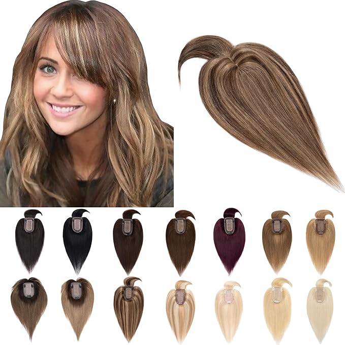 SEGO Hair Toppers for Women Real Human Hair With Bangs, 7 * 13CM Silk Base 100% Remy Human Hair Clip in Top Wiglet Hairpieces Add Volume -10 Inch 4P27 Medium Brown&Dark Blonde