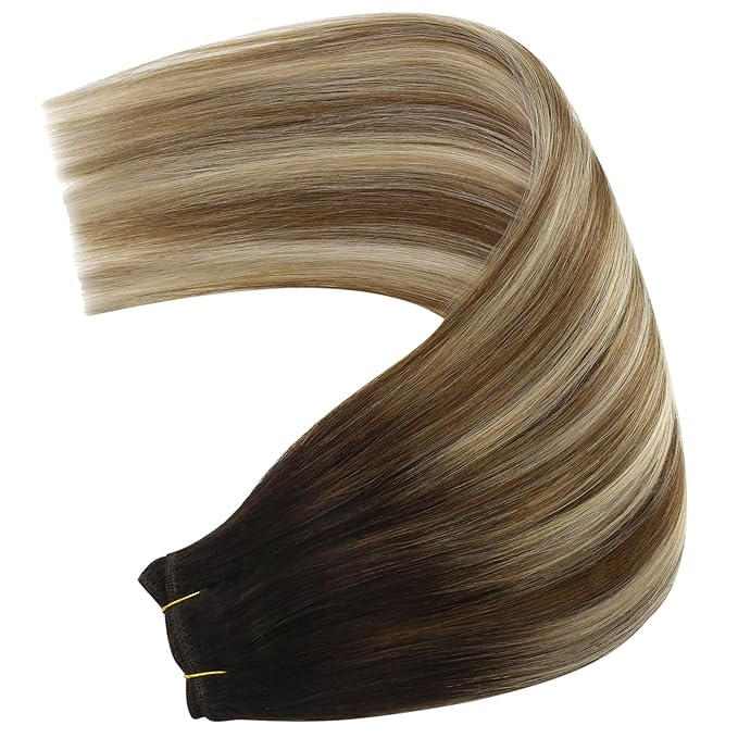YoungSee Hair Extensions Weft Ombre Sew in Hair Extensions Real Human Hair Brown Balayage Weft Extensions Darkest Roots to Medium Brown with Blonde One Bundle 24Inch 100G