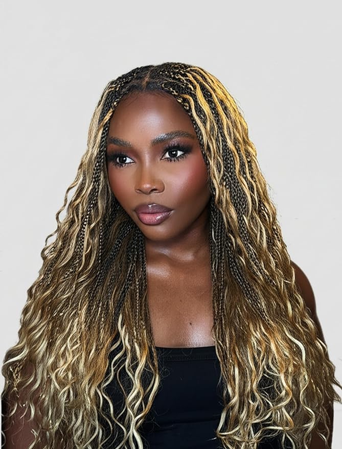 Human Hair Boho Curls Hand-Tied HD Full Lace Wig - 24" Salon-Level Small Box Synthetic Braids (121 Braids, High Density) Pre-Cut Swiss HD Lace, Pre-Plucked, Tangle-Free - 1B/27/613 Highlight