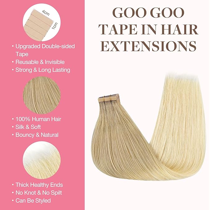 GOO GOO Tape in Hair Extensions Human Hair, O7/60F Ombre Ash Blonde with Frosted Highlights, 16inch 50g 20pcs, Skin Weft Seamless Invisible, Silky Straight with Thick Ends, Remy Human Hair