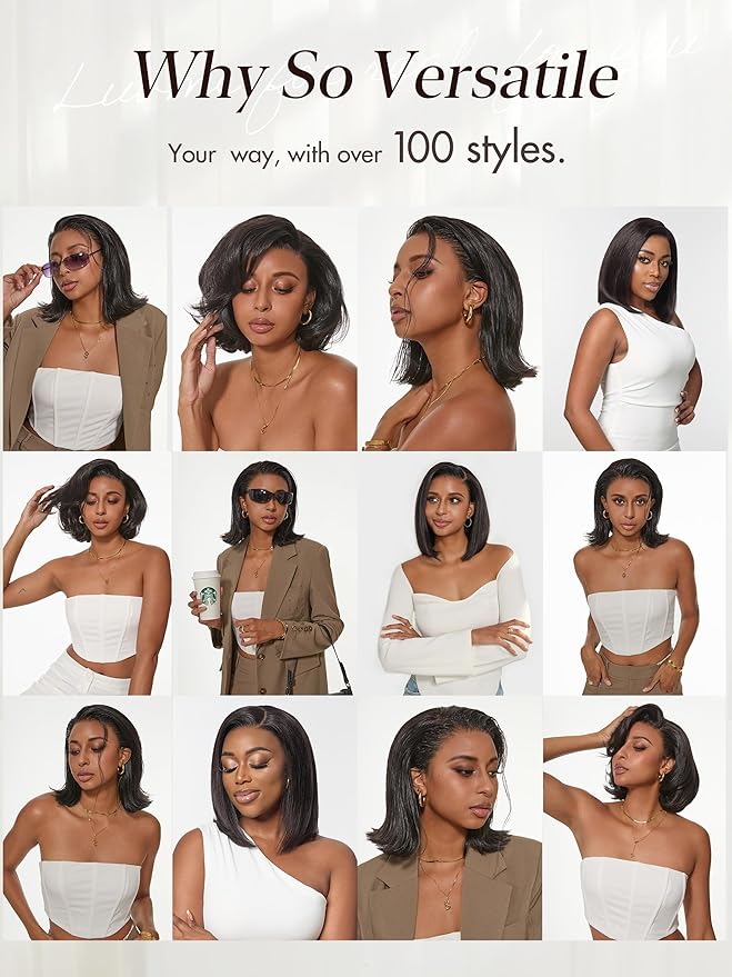 LUVME HAIR 13X4 Lace Wig NatureMAX™ PartingMax Lace 10 Inches Bob Wigs Lace Front Wigs Human Hair Pre Cut Plucked Flexi-Fit Drawstring Cap Lace Frontal Glueless 12 Inches Natural Black Color