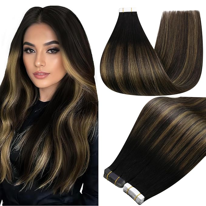 Full Shine Balayage Tape in Hair Extensions Human Hair Color 1B Black Ombre 6 Brown And Black Tape ins Human Hair Seamless Tape ins Human Hair Extensions 14 Inch Add Volume 50Gram 20Pcs Natural Hair